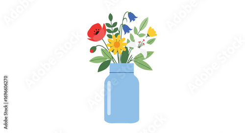 Charming wildflower bouquet illustration in a light blue glass jar against clean white backdrop ideal for spring designs featuring nature and