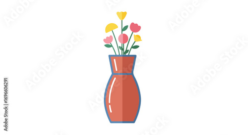 Elegant vase holding a vibrant bouquet of colorful flowers against a pristine white backdrop showcases modern flat design aesthetic