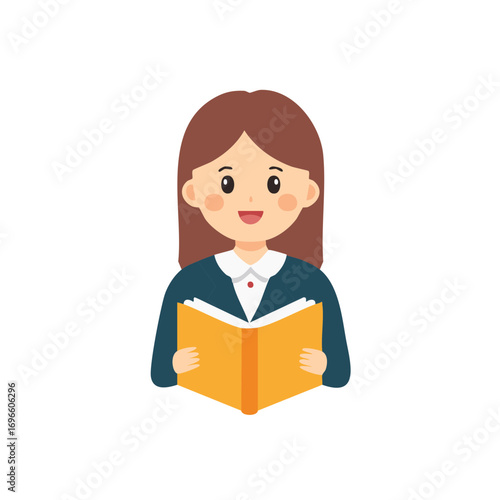 Smiling cartoon woman in suit reading an open book with enthusiasm and focus