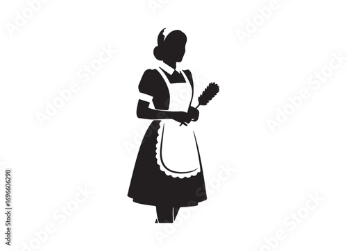 Silhouette of a french maid holding a duster retro vintage style cleaning service icon