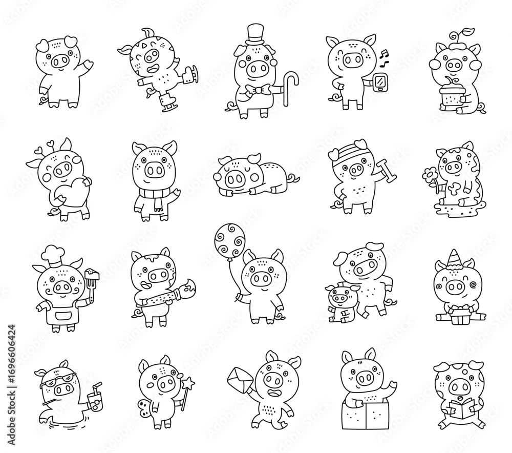 Fototapeta premium Pig character set in outline line art with charming emotions and many different poses including birthday celebration, valentine, cooking, reading, sport, family moments, summer vacation
