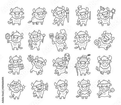 Bison adorable character set in outline line