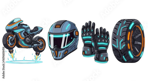 Futuristic Motorcycle Gear Set with Hovering Vehicle and Tech Elements