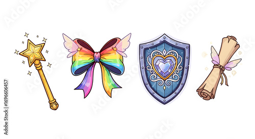 Whimsical Collection: Magic Wand, Rainbow Bow, Shield, and Fairy Scroll