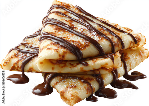 Delicious crepes with chocolate syrup isolated on white background
