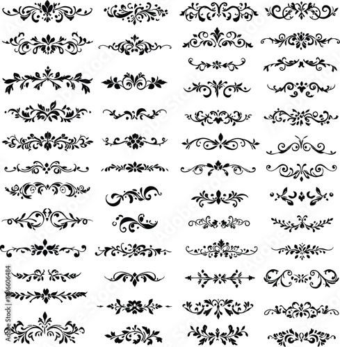 Set of 48 black decorative ornaments, vintage flourishes and swirls for borders, invitations, and graphic design