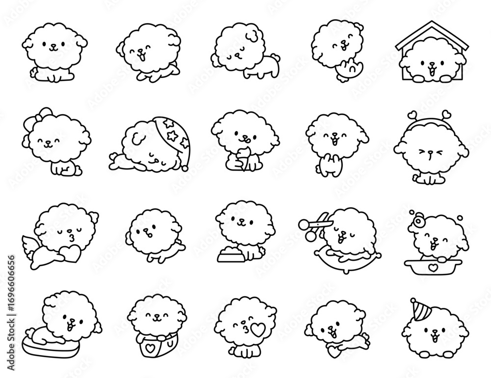 Fototapeta premium Cute kawaii character bichon frise dog set