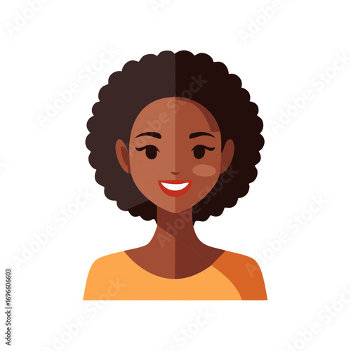 Joyful young dark-skinned woman with afro hair smiles with bright red lipstick
