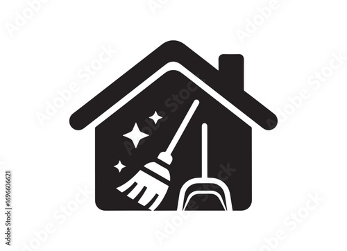 Home cleaning icon house broom dustpan sparkle cleanliness services domestic chores