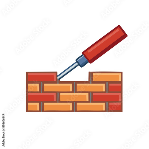 Cartoon illustration of brick wall construction with trowel