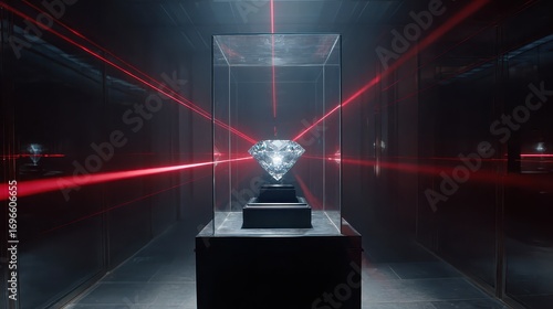 A large diamond displayed in a museum exhibit with red laser beams.