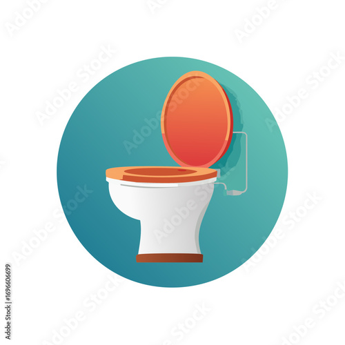 Modern toilet bowl with open orange lid and seat, isolated flat illustration
