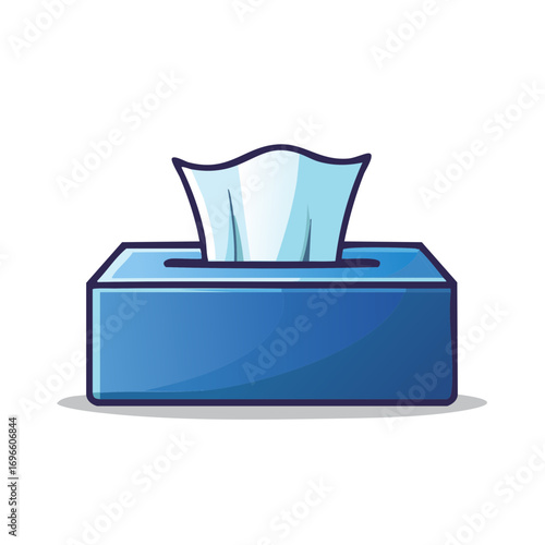 Blue box of facial tissues with white paper emerging in a clean cartoon style illustration