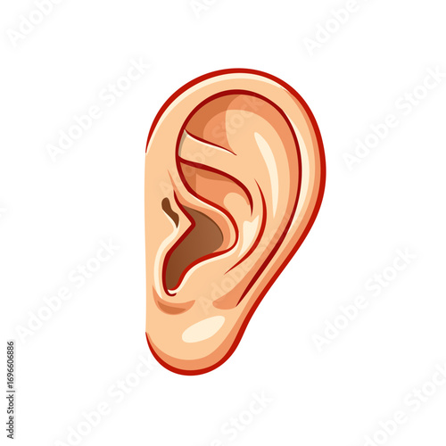 Cartoon human ear with realistic details and shading for medical or sensory concepts