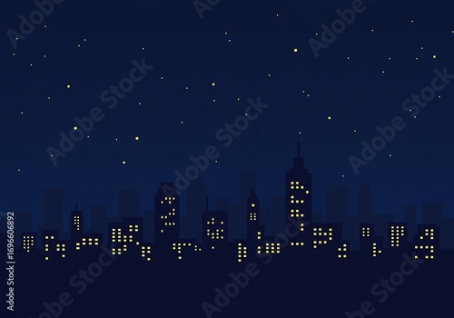 Vector illustration of a city skyline at night with glowing stars