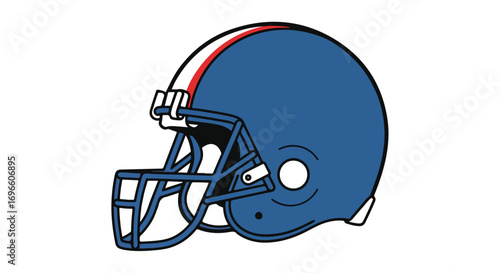 Illustration of a blue american football helmet with a red and white stripe design for sport equipment and athlete safety 77 characters