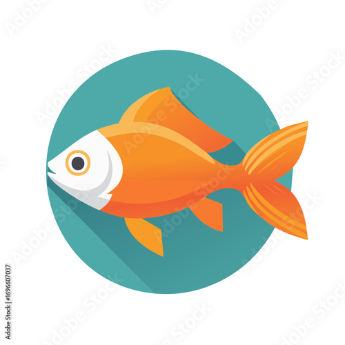 Vibrant orange goldfish flat design icon with long shadow effect against a circular teal background