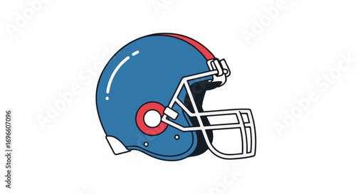Stylized rendering of an american football helmet with simplistic white outline on a clean white backdrop showcasing vibrant blues and reds to
