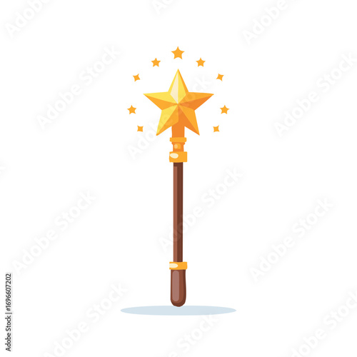 Gold magic wand with star shape. Fairy tale symbol. Isolated on white.