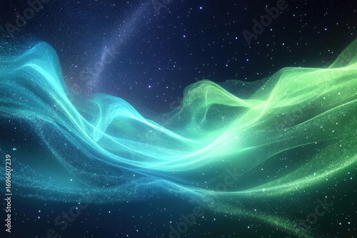 A colorful, swirling galaxy of green and blue with stars scattered throughout
