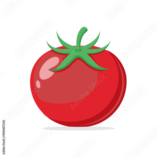 Illustration of a round red tomato with green stem and sepals; isolated vegetable with shadow.