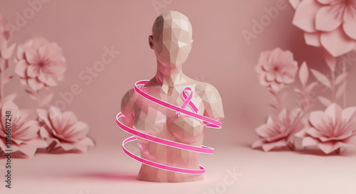 Pink ribbon spiraling around female lowpoly bust for health awareness