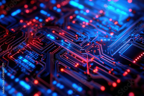 A close up of a computer chip with red and blue colors