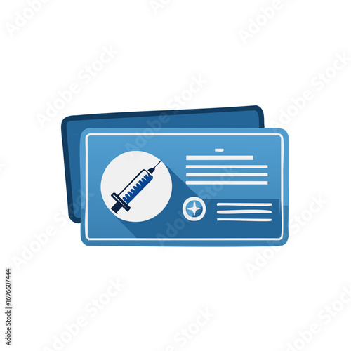 Blue medical vaccination record card with syringe symbol and health pass information flat design