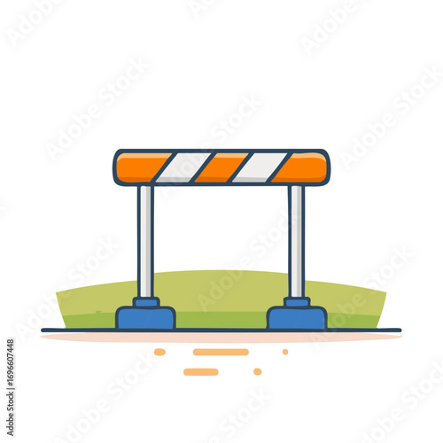 Orange and white striped traffic barrier on grassy ground with blue bases