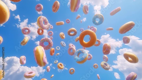 Donuts falling with blue sky, and clouds.