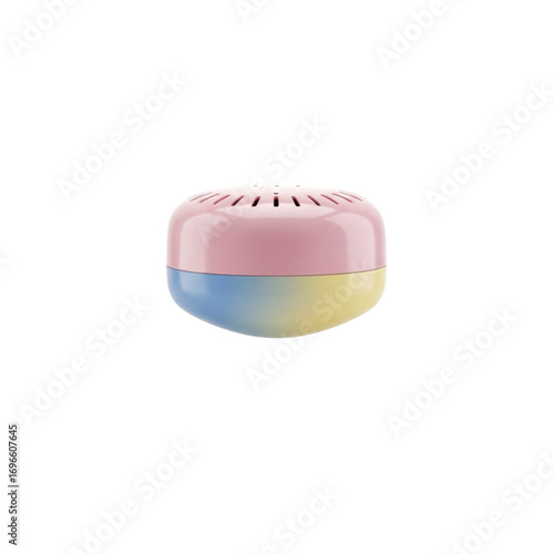 Small round diffuser with pink top and gradient blue yellow bottom isolated on transparent background