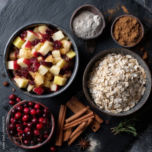 A Flat Lay Of The Components For A Winter Fruit Crumble