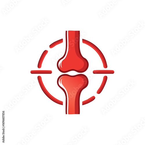 Medical illustration of a knee joint in crosshairs, red colors, health concept.