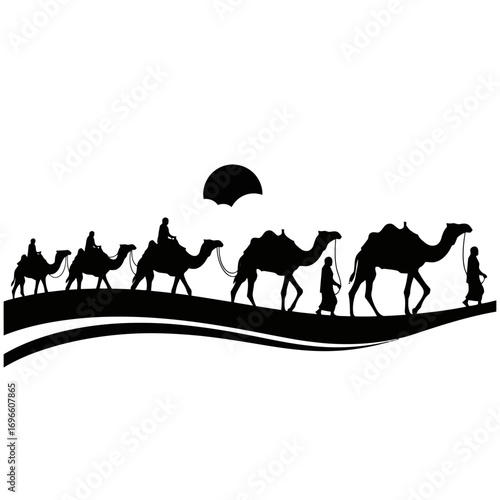 Caravan of camels and people walking across the desert silhouette isolated on white background