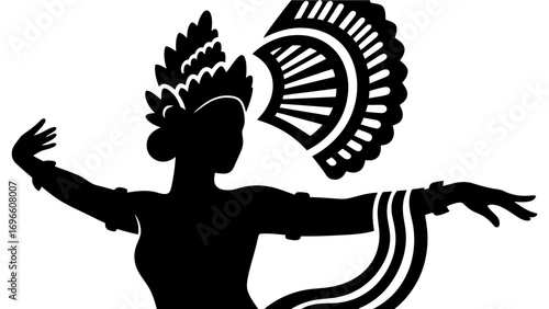Silhouette of Balinese dancer with traditional crown and graceful movement