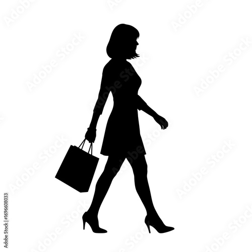 Woman walking with shopping bag silhouette isolated on white background