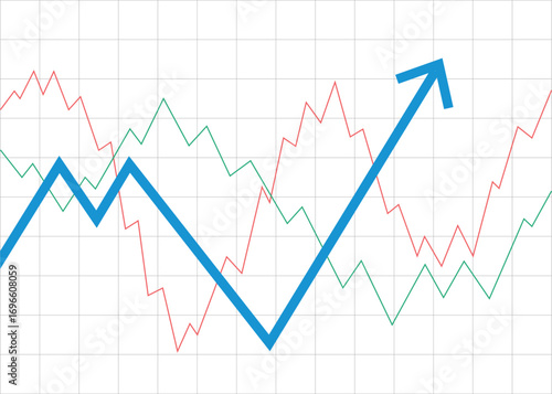blue arrow graph rebound on grid background, business growth from crisis economic recover financial rise profit