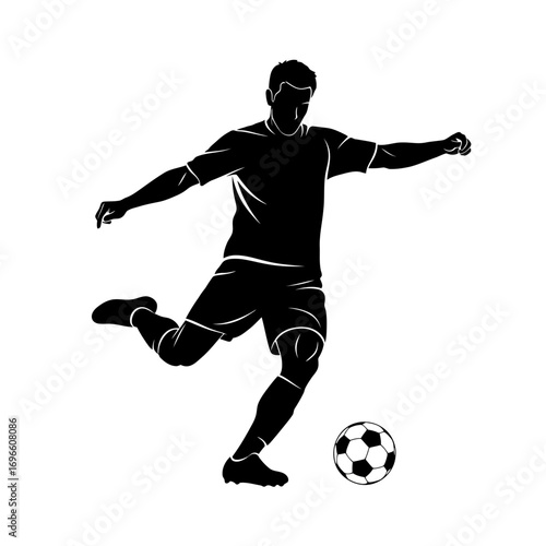 Soccer player kicking ball silhouette isolated on white background