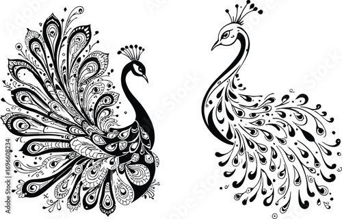 Ornamental black and white illustration of two stylized peacocks with elaborate plumage, featuring symmetrical composition, teardrop motifs, and intricate linework—perfect for adult coloring pages, te