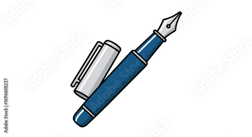 Stylized fountain pen illustration in blue and silver with cap laying alongside creates a sense of artistry and detailed writing implements