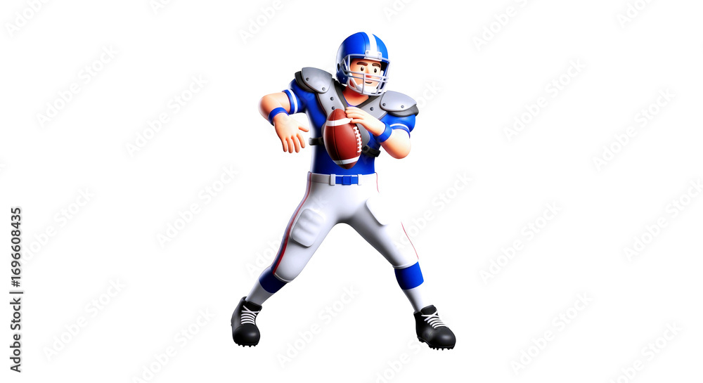 Obraz premium cartoon american football player ready for a powerful throw, dynamic pose, gridiron action, blue uniform, isolated on transparent background