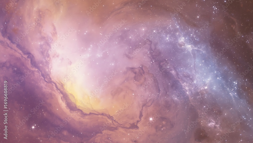Obraz premium A dreamy cosmic view of swirling purple and gold nebula clouds with scattered starlight shining through