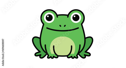 Illustrated green frog with a cheerful expression depicted in a cartoon style design looking forward creating a childish and positive vibe