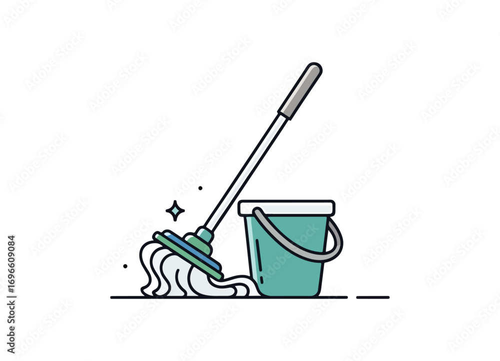 Fototapeta premium Cleaning mop and bucket with sparkles for a spotless home and office