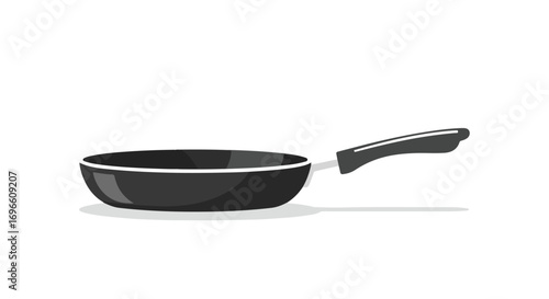 Illustration of a simple, modern black frying pan with handle, set against a plain background for culinary design assets