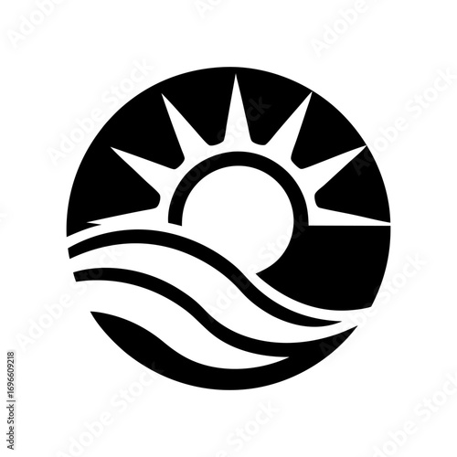 Round marine icon with sharp ray sun over ocean waves for representing seaside tourism, travel destinations, or summer resort branding