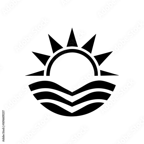 Round marine icon with sharp ray sun over ocean waves for representing seaside tourism, travel destinations, or summer resort branding