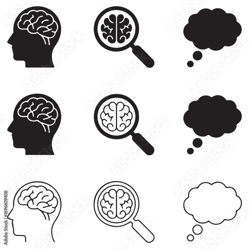 Brain and Thought Process Icons with Magnifying Glass and Speech Bubble mind thinking