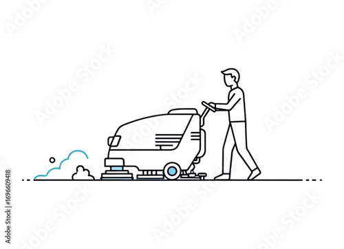 Person operating industrial floor cleaning machine for professional maintenance and janitorial services