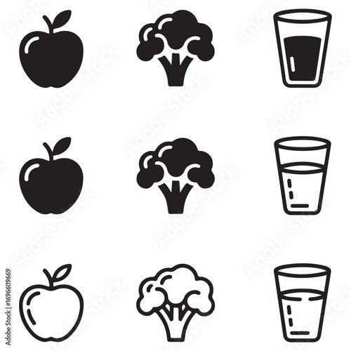 Collection of Apple Broccoli and Water Glass Icons in Solid and Outline Styles Keywords: apple, fruit, food, healthy, nutrition, broccoli, vegetable, green, healthy eating, glass, water, drink
